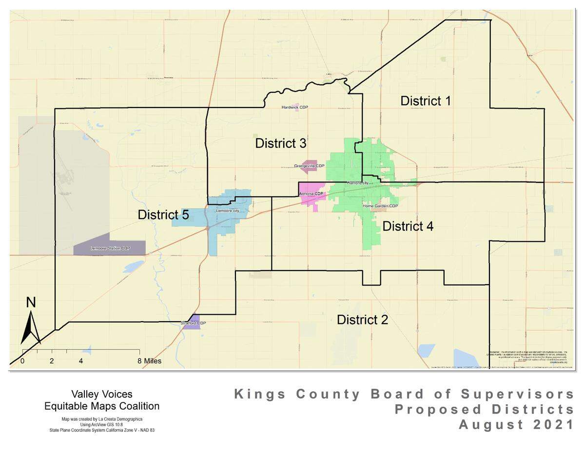 A closed up of the proposed supervisorial district map that represents the change in demographics for Kings County, based on 2020 Census data by Local non-profit Valley Voices during the county’s&nbsp;third public hearing on its&nbsp;redistricting efforts&nbsp;Tuesday morning (Aug. 31) 