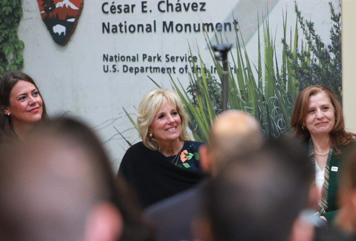 Melissa W. Maxim, acting director, district 42, First Lady of the United States Jill Biden and USCIS Director Ur M. Jaddou during the naturalization ceremony was held in observance of César Chávez Day, a federal commemorative holiday first proclaimed by President Barack Obama in 2014, which honors the man who dedicated his life to the service and justice of essential American farmworkers.