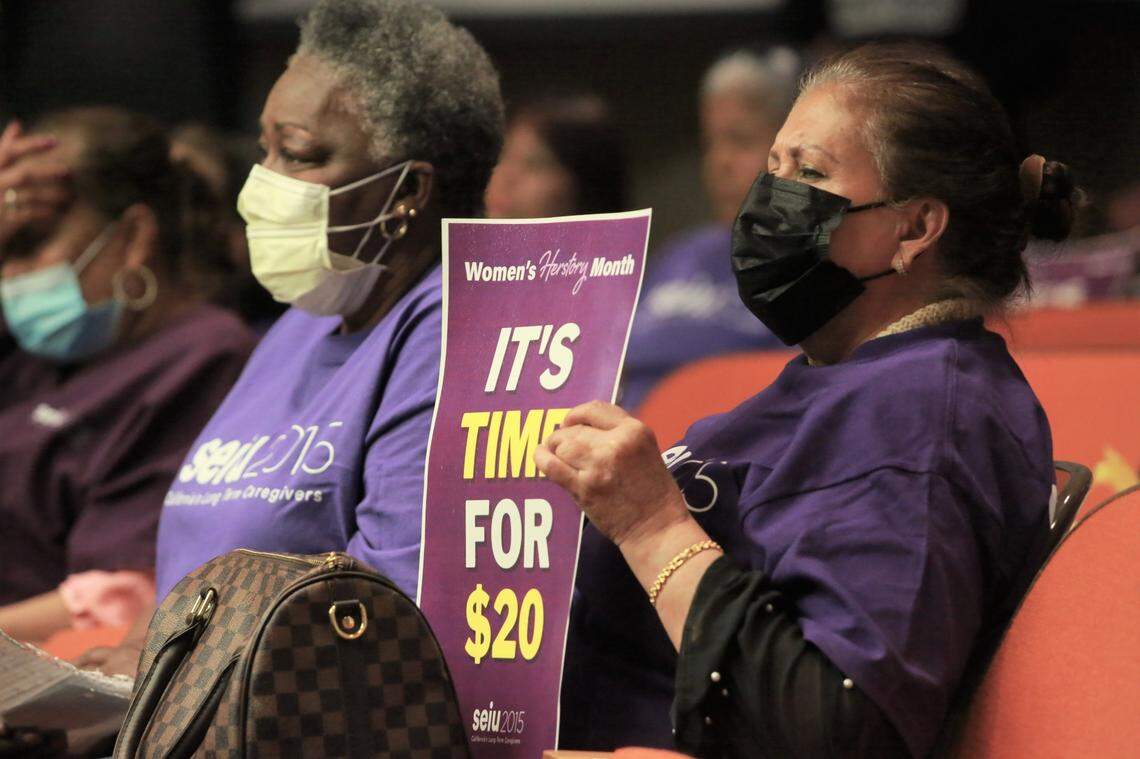 Kings County home care providers of SEIU Local 2015 advocated Tuesday morning for ‘Time for $20’ wages to the board of supervisors.