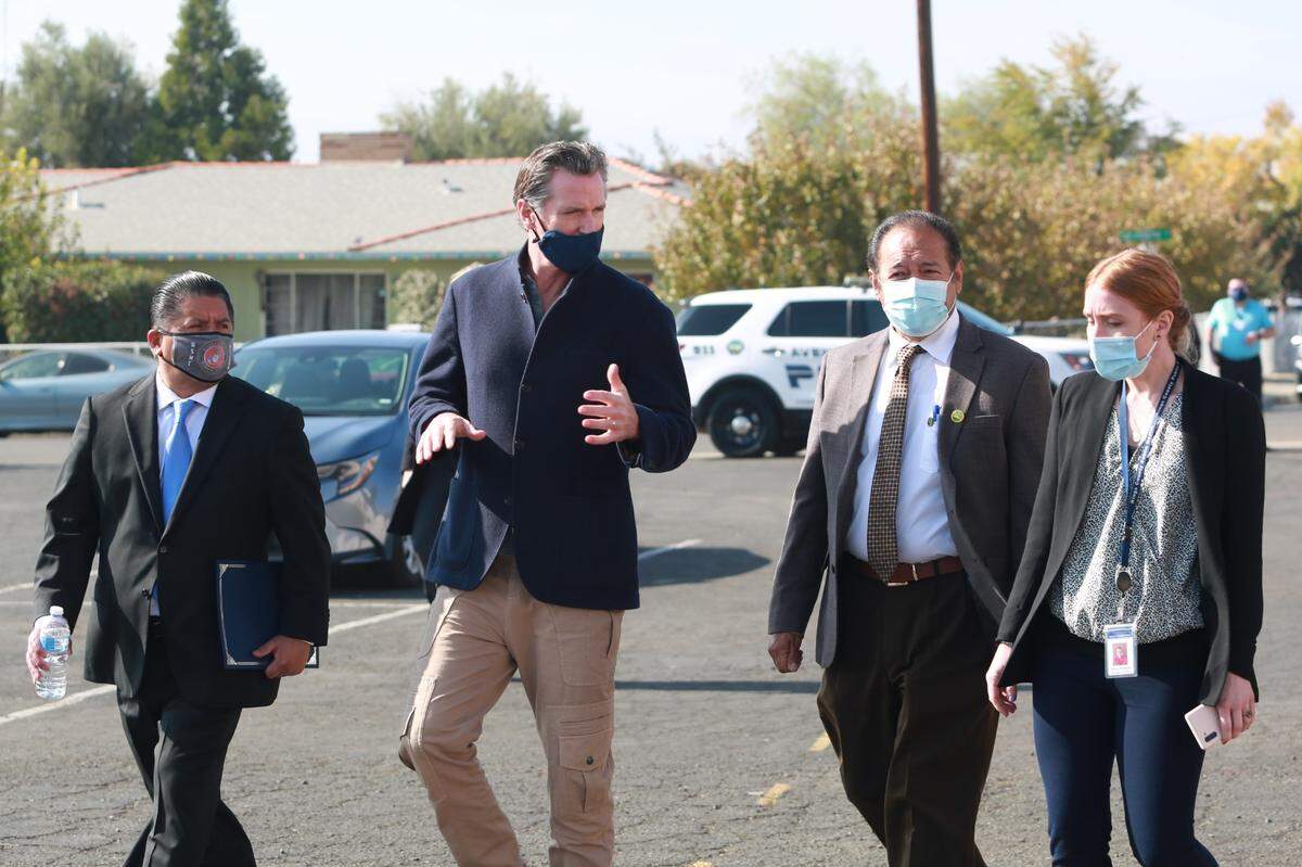 Gov. Gavin Newsom visited Kings County, which has a low vaccination rate per capita of any other county in the state and among the highest per capita hospitalization rates. Newsom was at Avenal High School on Tuesday afternoon. 